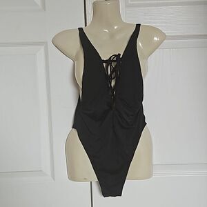 Myra Swim One Piece Bathing Suit Lace-Up, Low Back Black Small